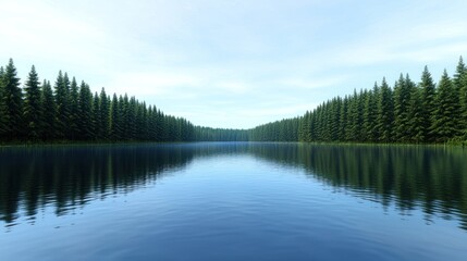 Fototapeta premium Serene lake surrounded by lush evergreen trees under a clear sky.