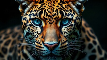 Obraz premium Hyperrealistic leopard portrait, intense blue eyes, detailed fur texture, vivid spots, close-up face, dramatic lighting, black background, wildlife photography, ultra-high definition, sharp focus, Nat