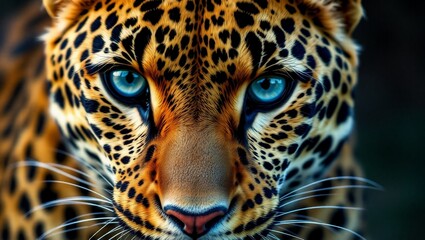 Fototapeta premium Hyperrealistic leopard portrait, intense blue eyes, detailed fur texture, vivid spots, close-up face, dramatic lighting, black background, wildlife photography, ultra-high definition, sharp focus, Nat