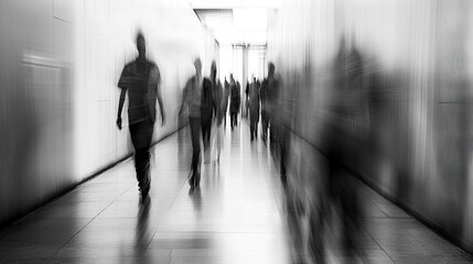 Blurry figures walking down a long corridor
