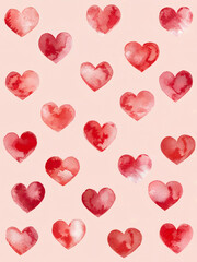 Valentine's Day, A collection of watercolor-style hearts scattered across a light pink background. The hearts vary in size and shade of red, with some appearing more defined and others more abstract