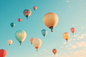 Fototapeta premium Colorful hot air balloons floating gracefully in a clear sky on a sunny day