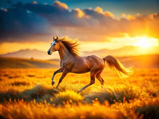 Obraz premium Miniature Horse Galloping Across Vast Plains, Tilt-Shift Photography