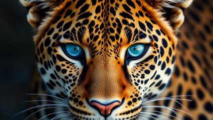 Obraz premium Hyperrealistic leopard portrait, intense blue eyes, detailed fur texture, vivid spots, close-up face, dramatic lighting, black background, wildlife photography, ultra-high definition, sharp focus, Nat