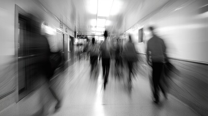 Blurry Figures Moving Through A Long Corridor