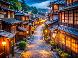 Fototapeta premium Miniature Japanese Old Town: Charming Street Scene with Tilt-Shift Effect