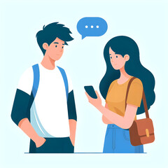 Obraz premium Two students chatting, one holding a smartphone and a speech bubble showing ongoing conversation, flat vector style