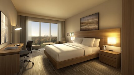 Modern Hotel Room With City View And Comfortable Bed