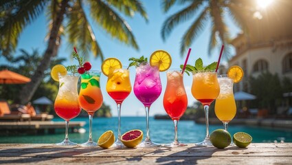 Tropical beach cocktails and cold summer drinks on a table