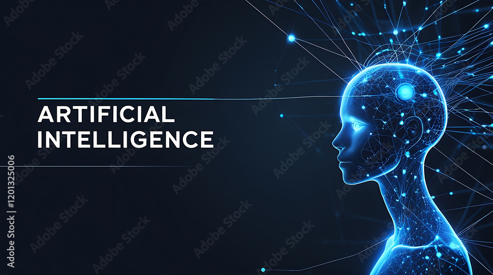 Poster abstract representation of human head made of glowing digital connections and particles on a dark ba