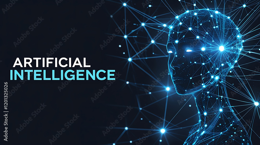 Poster abstract representation of human head made of glowing digital connections and particles on a dark ba