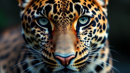 Obraz premium Hyperrealistic leopard portrait, intense blue eyes, detailed fur texture, vivid spots, close-up face, dramatic lighting, black background, wildlife photography, ultra-high definition, sharp focus, Nat