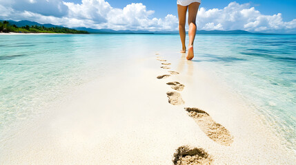Woman in big white hat walking barefoot on sand on seashore on paradise island. Girl runs along tropical beach, ocean waves in background, enjoying summer vacation vibes. Travel concept. Copy space