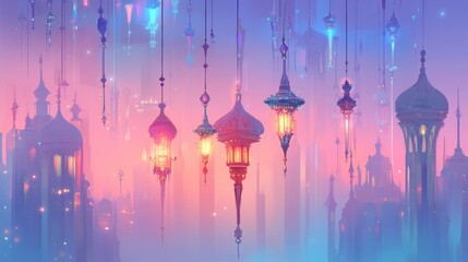 Illuminated Cityscape with Hanging Lanterns and Towers