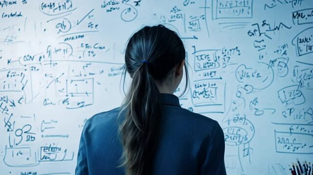 Woman reviewing complex equations on whiteboard
