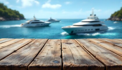 Fototapeta premium Scenic wooden table top by the sea, with boats in the background, capturing the essence of travel and exploration