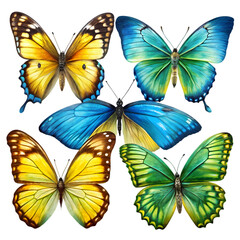 Obraz premium Vibrant Blue, Green, and Yellow Butterfly Set: Isolated, Perfect for Design Projects and Spring 