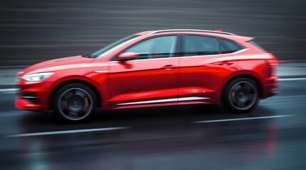 Obraz premium Red Sports Car in Motion with Blurred Wallpaper Background