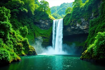 Emerald waterfall plunges through vibrant green canopy , tranquil, ferns