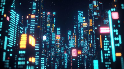 Futuristic Cyberpunk Cityscape with Neon Lights at Night