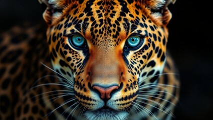 Obraz premium Hyperrealistic leopard portrait, intense blue eyes, detailed fur texture, vivid spots, close-up face, dramatic lighting, black background, wildlife photography, ultra-high definition, sharp focus, Nat