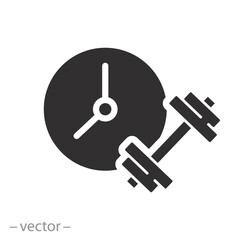 clock with dumbbell, time for fitness icon, workout in gym, time training, concept sport exercise, flat vector illustration