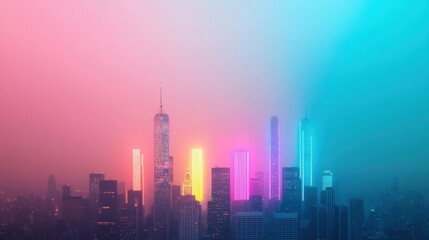 Colorful Neon Skyline at Dusk with Fog and Urban Buildings