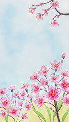 Naklejka premium Pink spring blossom border background, crayon drawing, with white tones