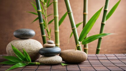 Zen stones with bamboo and leaf evoke spa-like relaxation and natural balance