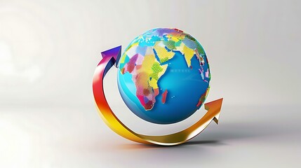 A vibrant 3D arrow curving around a globe with a digital effect, symbolizing global business strategies and connectivity