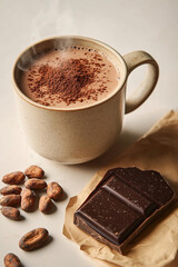 Steaming Hot Cocoa with Cocoa Beans and Dark Chocolate