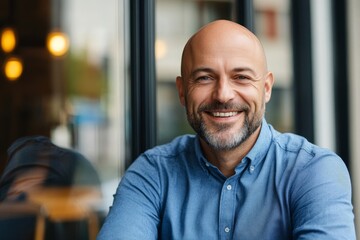 Portrait of Adult bald smiling attractive man forty years with beard in blue shirt businessman against glass wall of the street cafe, Generative AI