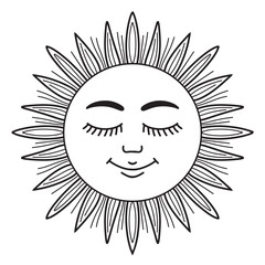 Vintage slavic sun with face icon, medieval boho style drawing. Maslenitsa Russian holiday symbol. Vector line art contour illustration isolated on transparent background
