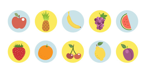 Funny cartoon fruits. Sticker Bookmark. Hand drawn style. Vector drawing. Collection of design elements.