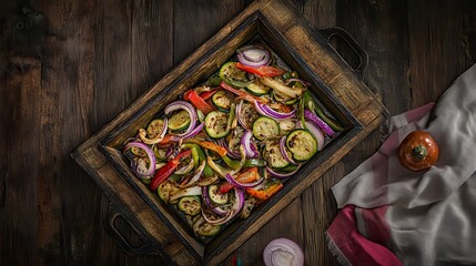 Grilled Vegetables in a Rustic Wooden Tray - A Colorful and Flavorful Vegetarian Dish