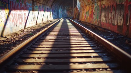 Obraz premium Urban Tunnel with Colorful Graffiti and Sunlit Railroad Tracks