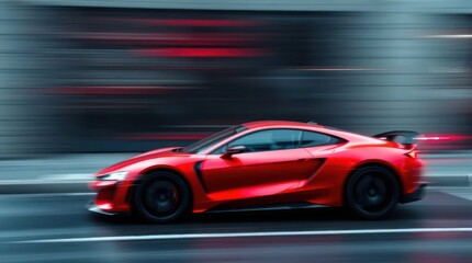 Fototapeta premium Red Sports Car in Motion with Blurred Wallpaper Background