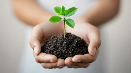 Hand gently holding delicate green sprout rising from dark fertile soil, representing hope and potential against pristine white backdrop