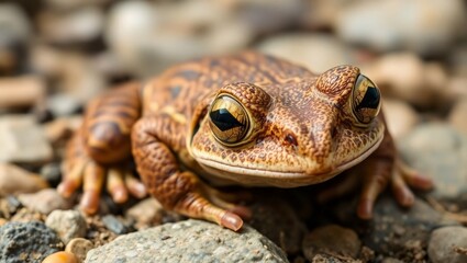 Obraz premium Macro photograph, green-eyed frog, pebble background, detailed texture, vibrant colors, shallow depth of field, nature photography, amphibian close-up, wildlife portrait, bokeh effect, earthy tones, s