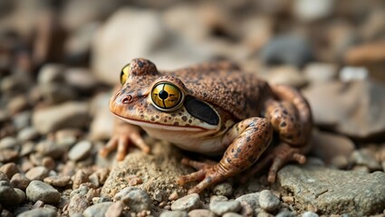 Obraz premium Macro photograph, green-eyed frog, pebble background, detailed texture, vibrant colors, shallow depth of field, nature photography, amphibian close-up, wildlife portrait, bokeh effect, earthy tones, s
