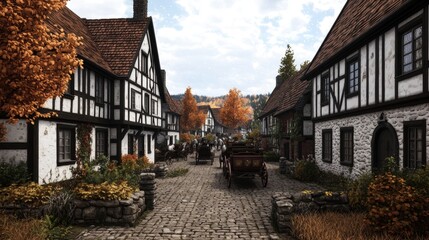 Quaint Village Street with Rustic Houses and Autumn Trees
