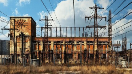 Old Brick Power Substation Under a Cloudy Sky