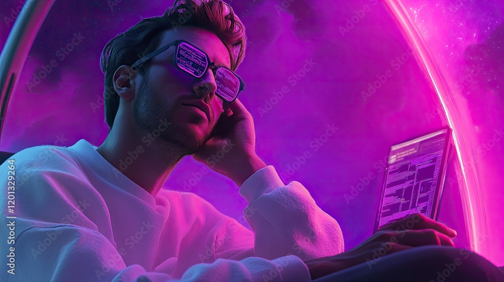 Poster young man coding in neon lit space setting