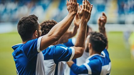 Fototapeta premium Soccer Players Celebrate Victory With Raised Hands