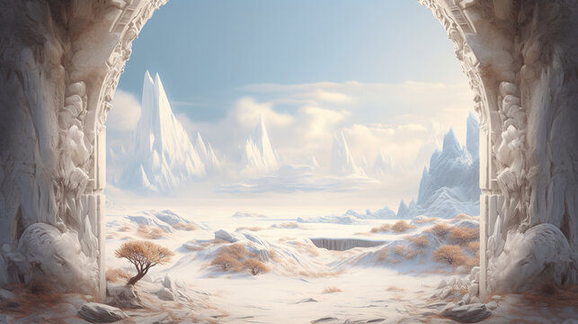 Winter Mountain Landscape Through Ancient Arch