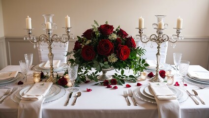A festive table setting with flowers and wine glasses awaits guests at the wedding reception dinner