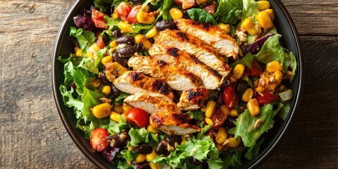 Southwest Chicken Salad featuring vibrant greens, grilled chicken strips, corn, tomatoes, and black beans arranged in a black bowl on rustic wood.