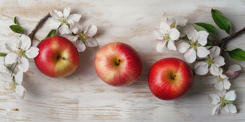 Ripe red apples with pinkish coats placed in a line with white apple blossoms on a light wooden surface viewed from above