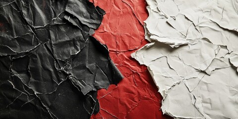 Torn paper texture in black, red, and white arranged in a dynamic composition showcasing creativity and artistry in a visually striking backdrop.