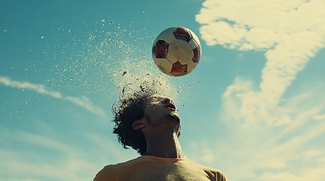 Man Headbutts Soccer Ball Under Blue Sky